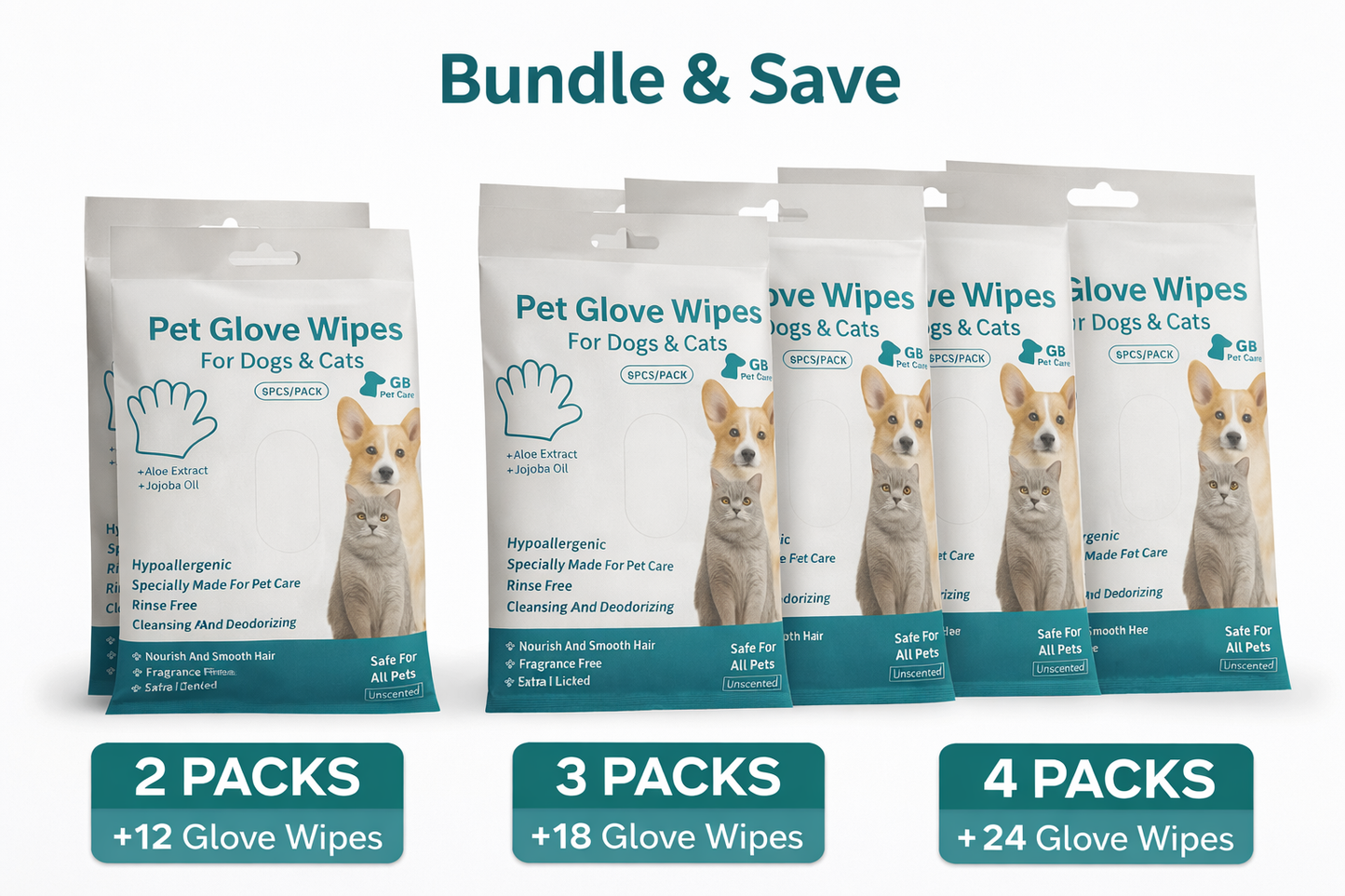 GB Pet Care Glove Wipes for Dogs & Cats – Hypoallergenic Grooming & Cleaning (Bundle Packs 2,3,4)
