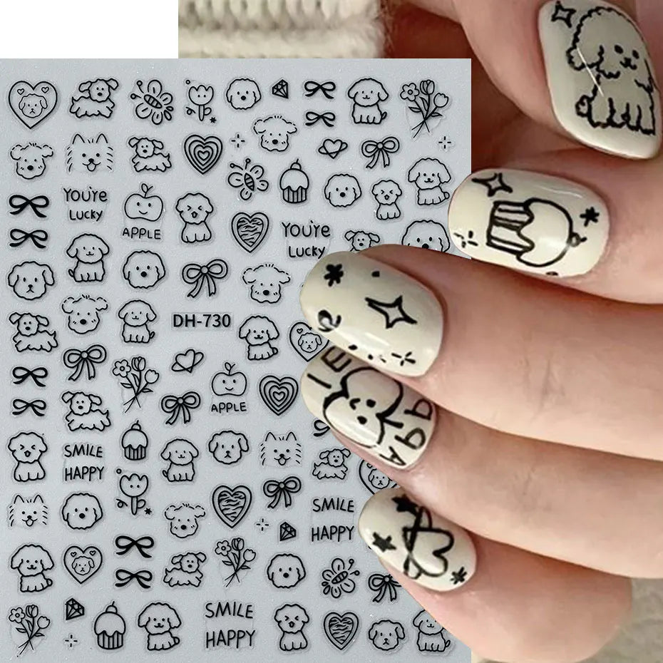 4pcs Cartoon Cute Cat Nail Art Sliders 3D Graffiti Dog Rabbit Heart Star Nail Sticker Kawaii Flower Butterfly Bow Manicure Decal