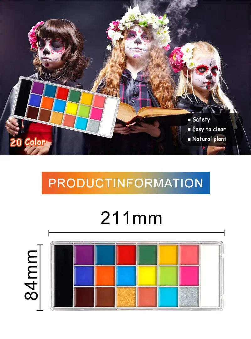 20 Colors Face Body Oil Painting Paint Pigment Non Toxic Safe Kids Flash Tattoo Painting with Brush Art Halloween Cosplay Party
