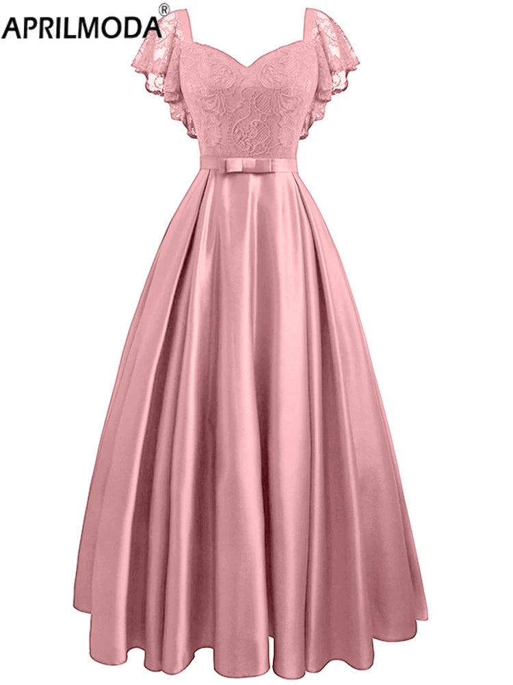 Elegant Gorgeous Pink turquoise Ruffle Sleeve Party Satin Long Dress Lace Prom Gowns Wedding Lady Autumn Evening Maxi Dresses