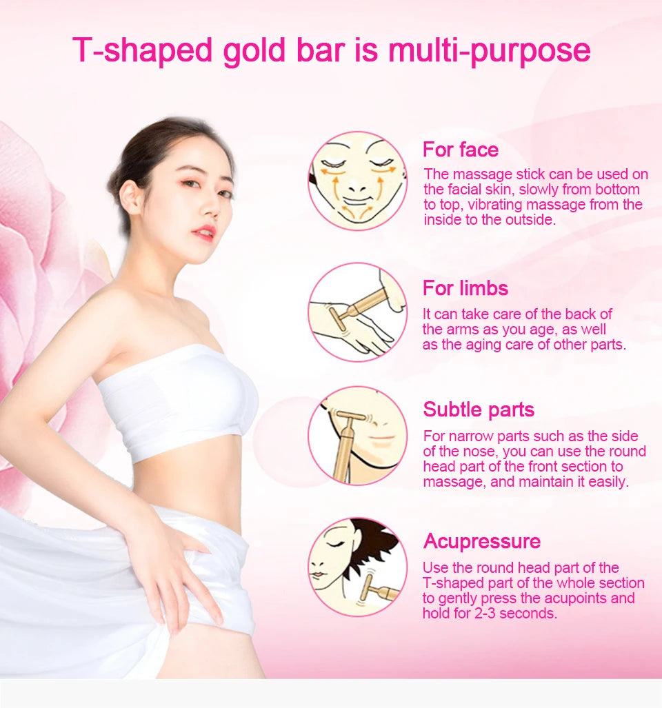 24K Gold T Beauty Roller Energy Roller Electric Face-lifting Facial Massage Beauty Tools Waterproof Vibrating Face Care Stick