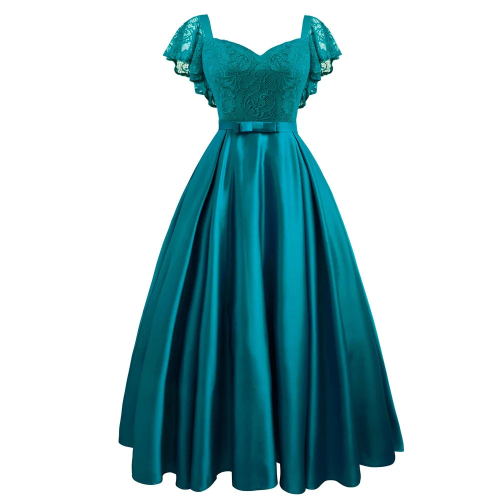 Elegant Gorgeous Pink turquoise Ruffle Sleeve Party Satin Long Dress Lace Prom Gowns Wedding Lady Autumn Evening Maxi Dresses