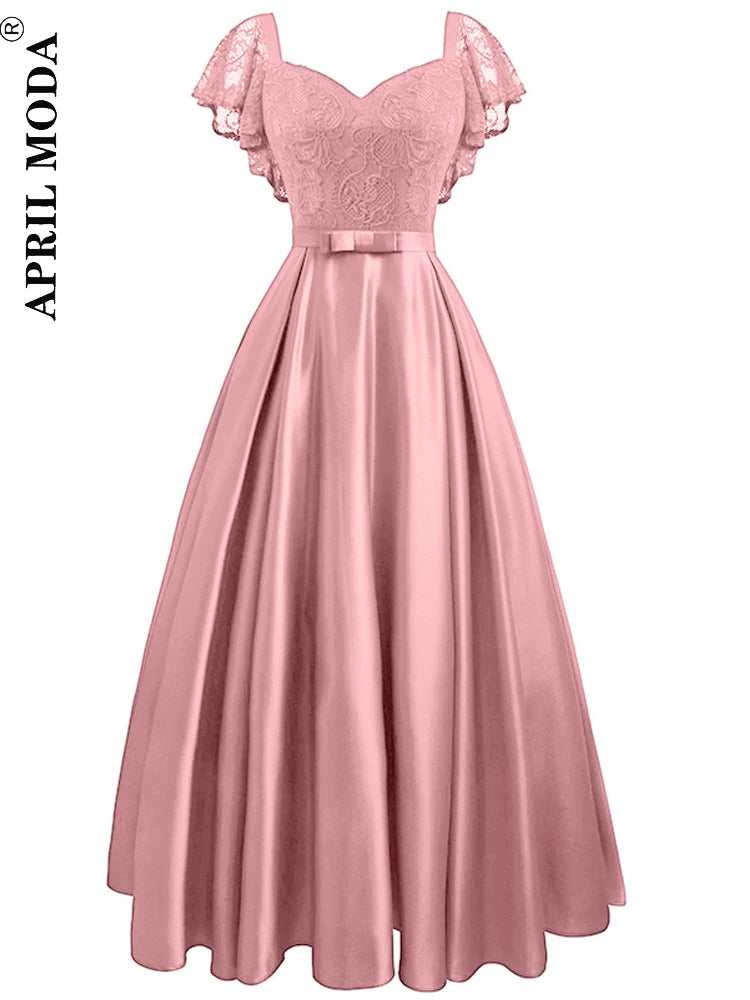 Elegant Gorgeous Pink turquoise Ruffle Sleeve Party Satin Long Dress Lace Prom Gowns Wedding Lady Autumn Evening Maxi Dresses