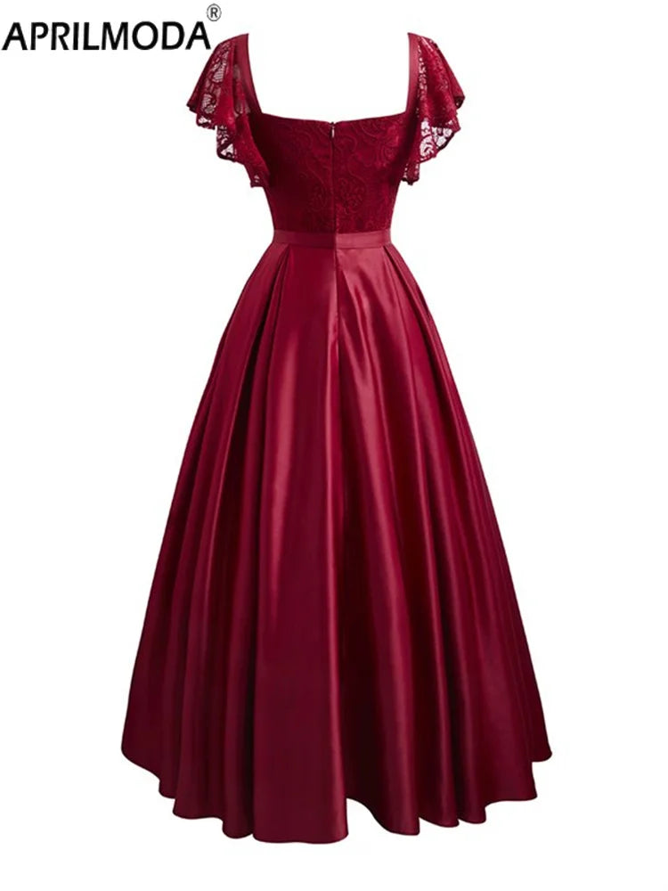 Elegant Gorgeous Pink turquoise Ruffle Sleeve Party Satin Long Dress Lace Prom Gowns Wedding Lady Autumn Evening Maxi Dresses