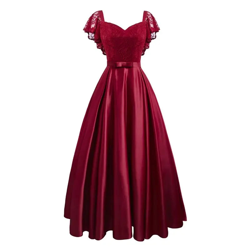 Elegant Gorgeous Pink turquoise Ruffle Sleeve Party Satin Long Dress Lace Prom Gowns Wedding Lady Autumn Evening Maxi Dresses
