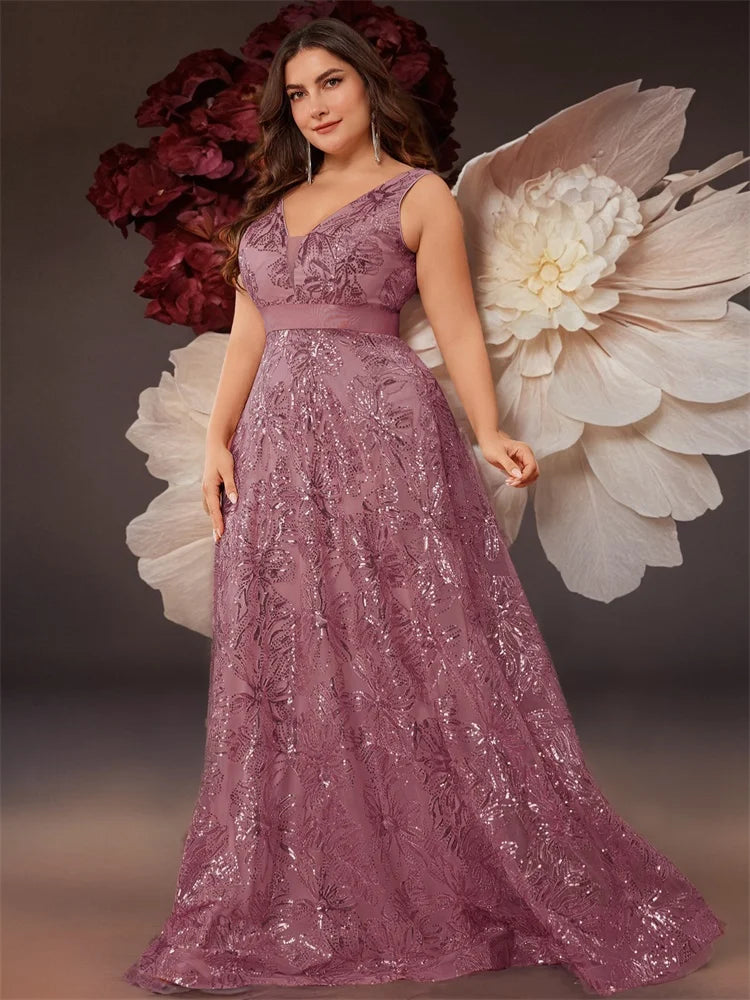 Plus Size Luxury Deep V-Neck Sequins Blue Evening Dress Women Elegant V-back Wedding Party Long Prom Cocktail Dresses