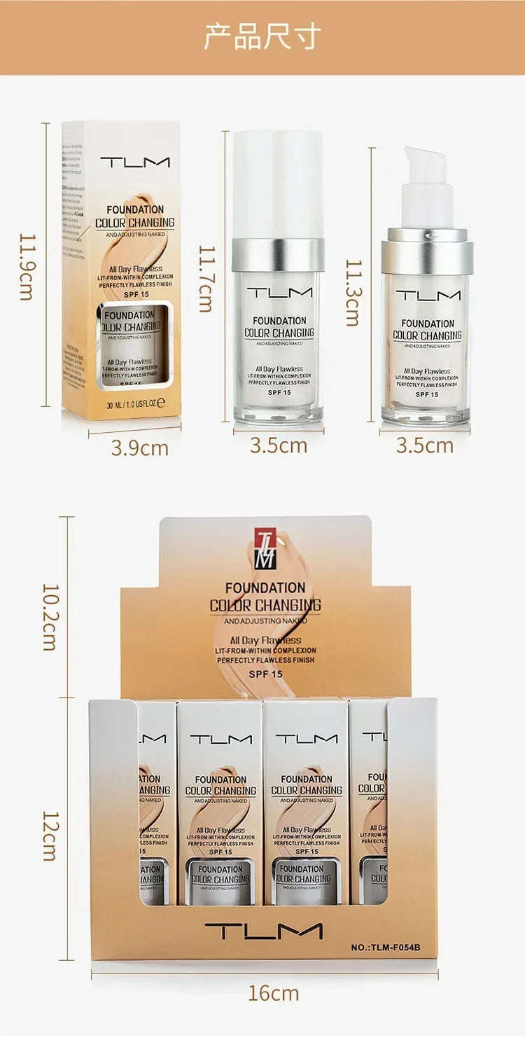 30ML TLM Foundation Color Changing Makeup Base Nude Face Full Cover Matte Concealer Long Lasting Make Up Liquid Foundation Cream