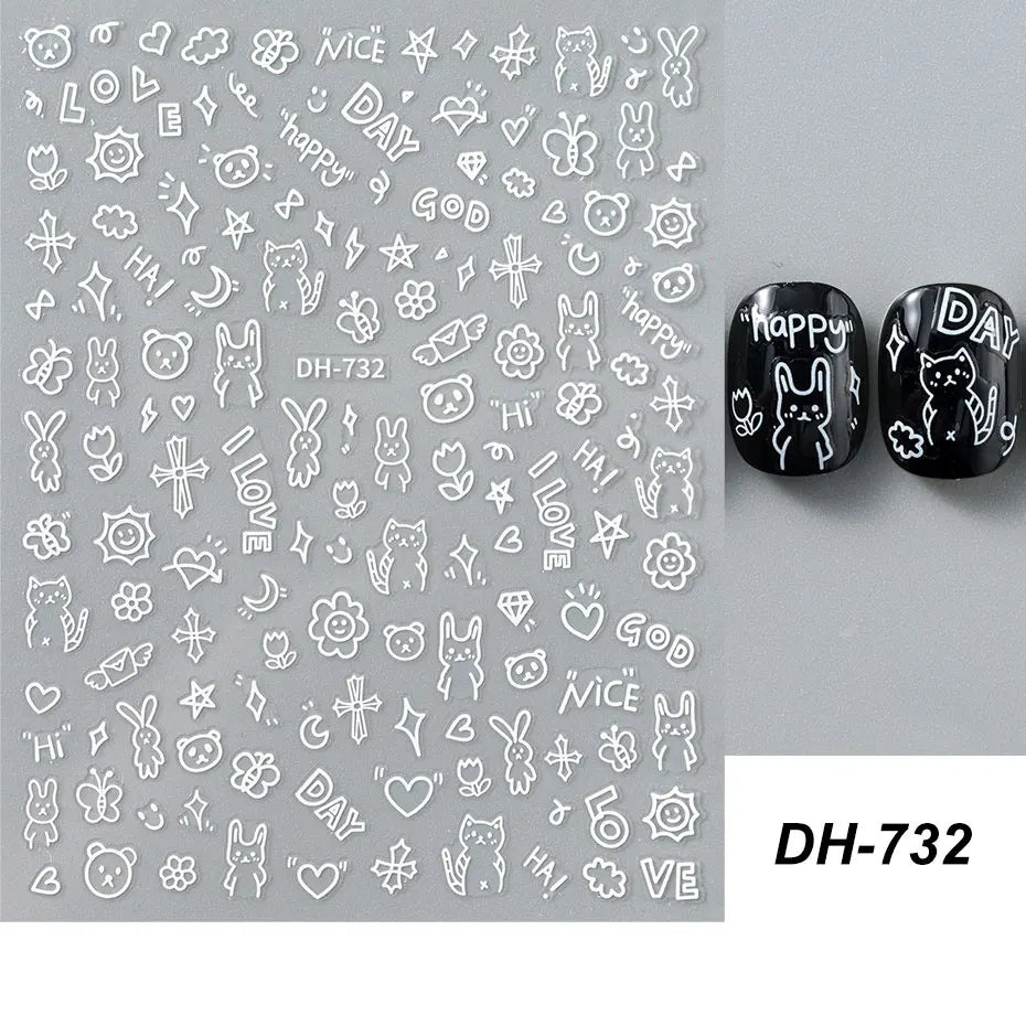 4pcs Cartoon Cute Cat Nail Art Sliders 3D Graffiti Dog Rabbit Heart Star Nail Sticker Kawaii Flower Butterfly Bow Manicure Decal