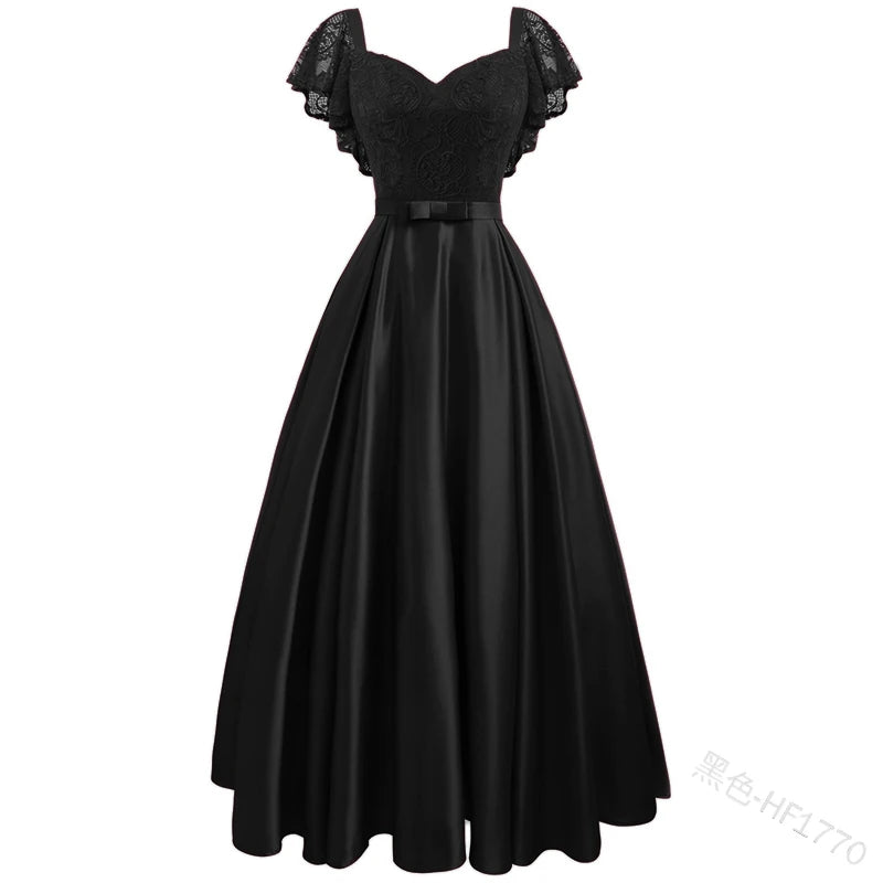 Elegant Gorgeous Pink turquoise Ruffle Sleeve Party Satin Long Dress Lace Prom Gowns Wedding Lady Autumn Evening Maxi Dresses