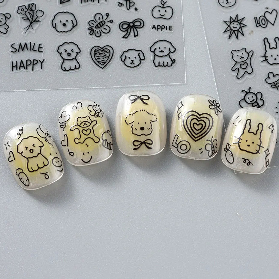4pcs Cartoon Cute Cat Nail Art Sliders 3D Graffiti Dog Rabbit Heart Star Nail Sticker Kawaii Flower Butterfly Bow Manicure Decal