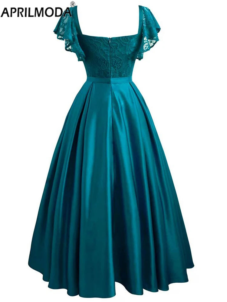 Elegant Gorgeous Pink turquoise Ruffle Sleeve Party Satin Long Dress Lace Prom Gowns Wedding Lady Autumn Evening Maxi Dresses