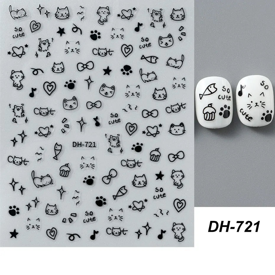 4pcs Cartoon Cute Cat Nail Art Sliders 3D Graffiti Dog Rabbit Heart Star Nail Sticker Kawaii Flower Butterfly Bow Manicure Decal