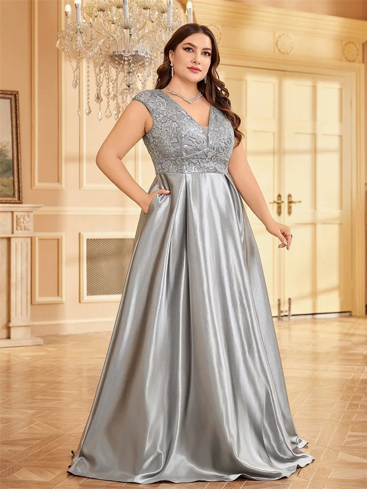 Plus Size Luxury Gold Satin V-Neck Evening Dress Women Sequin Wedding Party Prom Floor Lenght Cocktail Dress Gowns