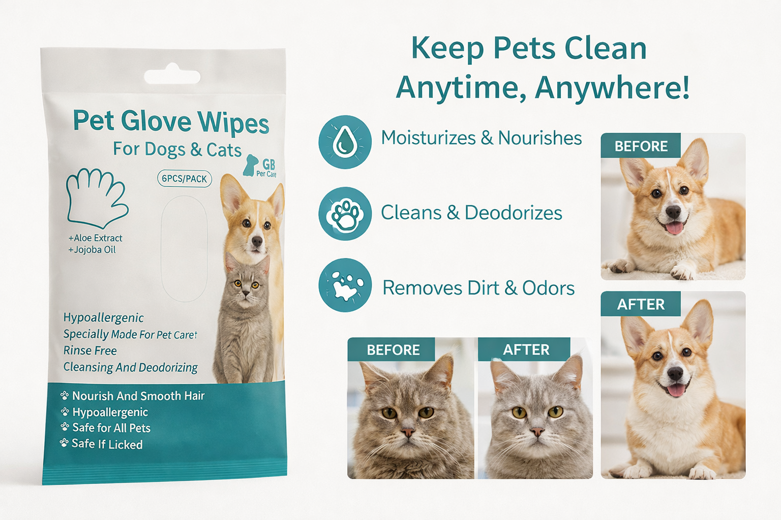 GB Pet Care Glove Wipes for Dogs & Cats – Hypoallergenic Grooming & Cleaning (Bundle Packs 2,3,4)