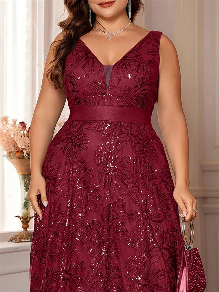 Plus Size Luxury Deep V-Neck Sequins Blue Evening Dress Women Elegant V-back Wedding Party Long Prom Cocktail Dresses