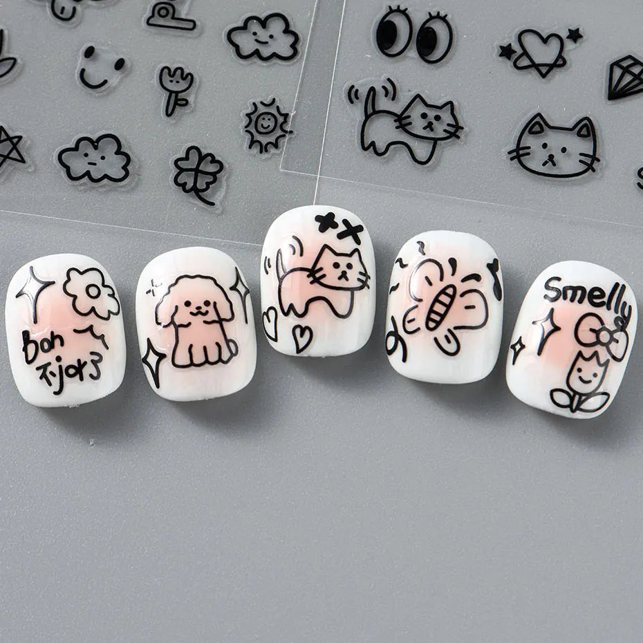 4pcs Cartoon Cute Cat Nail Art Sliders 3D Graffiti Dog Rabbit Heart Star Nail Sticker Kawaii Flower Butterfly Bow Manicure Decal