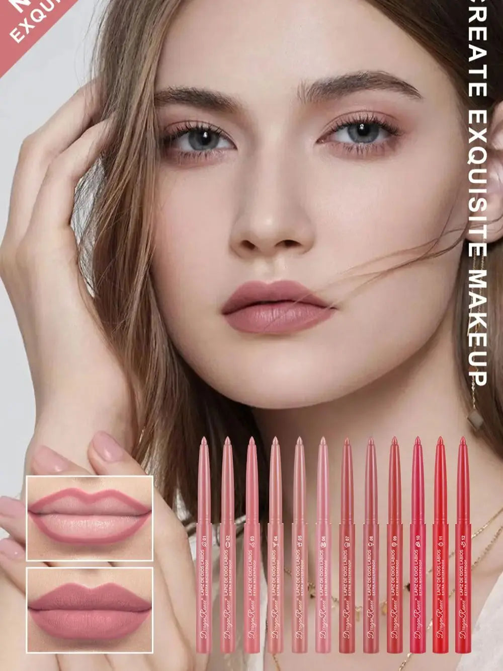 Lip Liner Lipstick Pen Waterproof Long-Lasting Hook Line Lip Pencil Matte Matte Beginner Automatic Lip Liner Bean Paste Color Hook Pen Automatic Rotating Lip Liner