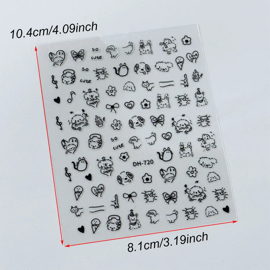 4pcs Cartoon Cute Cat Nail Art Sliders 3D Graffiti Dog Rabbit Heart Star Nail Sticker Kawaii Flower Butterfly Bow Manicure Decal
