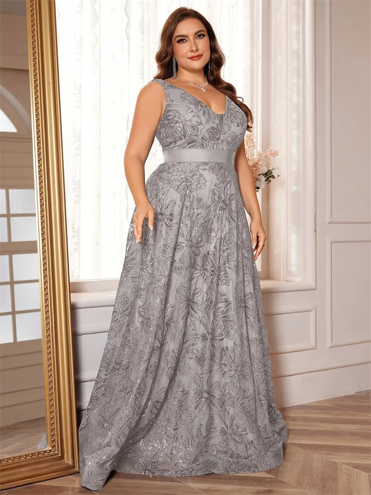 Plus Size Luxury Deep V-Neck Sequins Blue Evening Dress Women Elegant V-back Wedding Party Long Prom Cocktail Dresses