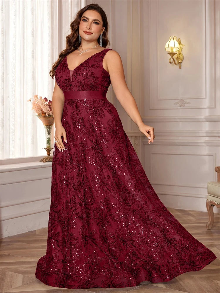 Plus Size Luxury Deep V-Neck Sequins Blue Evening Dress Women Elegant V-back Wedding Party Long Prom Cocktail Dresses