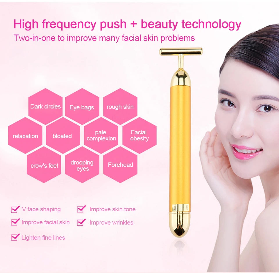 24K Gold T Beauty Roller Energy Roller Electric Face-lifting Facial Massage Beauty Tools Waterproof Vibrating Face Care Stick