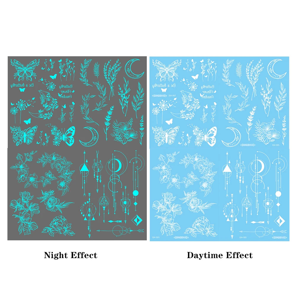 4pcs Blue Luminous Waterproof Temporary Tattoo Sticker Geometric Butterfly Flower Rose Moon Women Men Arm Body Art Fake Tattoos