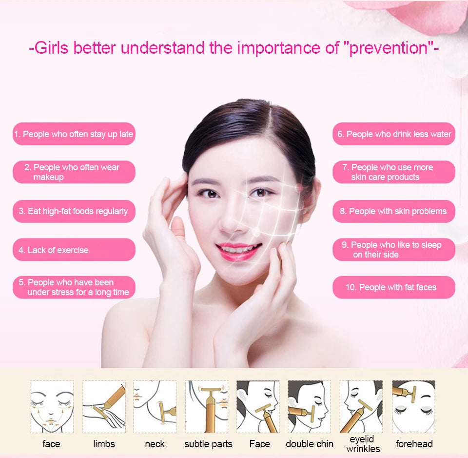 24K Gold T Beauty Roller Energy Roller Electric Face-lifting Facial Massage Beauty Tools Waterproof Vibrating Face Care Stick