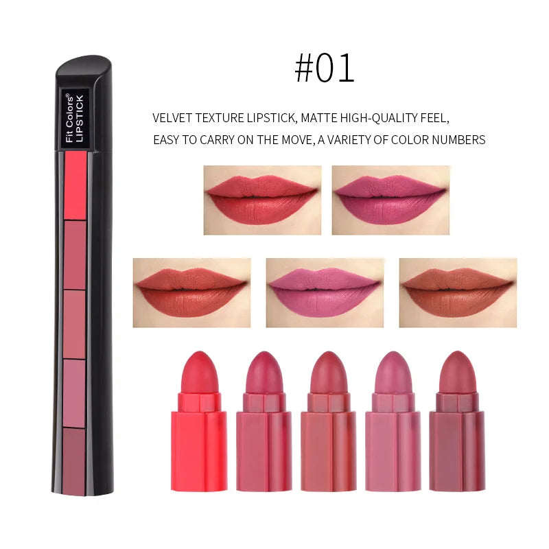 Fit Colors Matte 5-color lipstick Combination 5-section Velvet Mist with Color Non-stick Cup Lip Gloss Lipstick