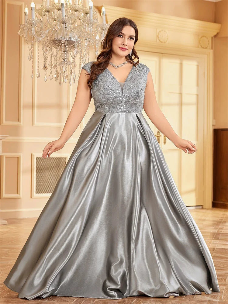 Plus Size Luxury Gold Satin V-Neck Evening Dress Women Sequin Wedding Party Prom Floor Lenght Cocktail Dress Gowns