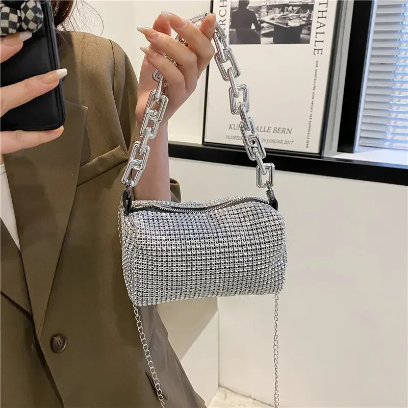 Allover Rhinestone Bucket Bag, Glitter Chain Prom Purse, Women's Mini Crossbody Bag