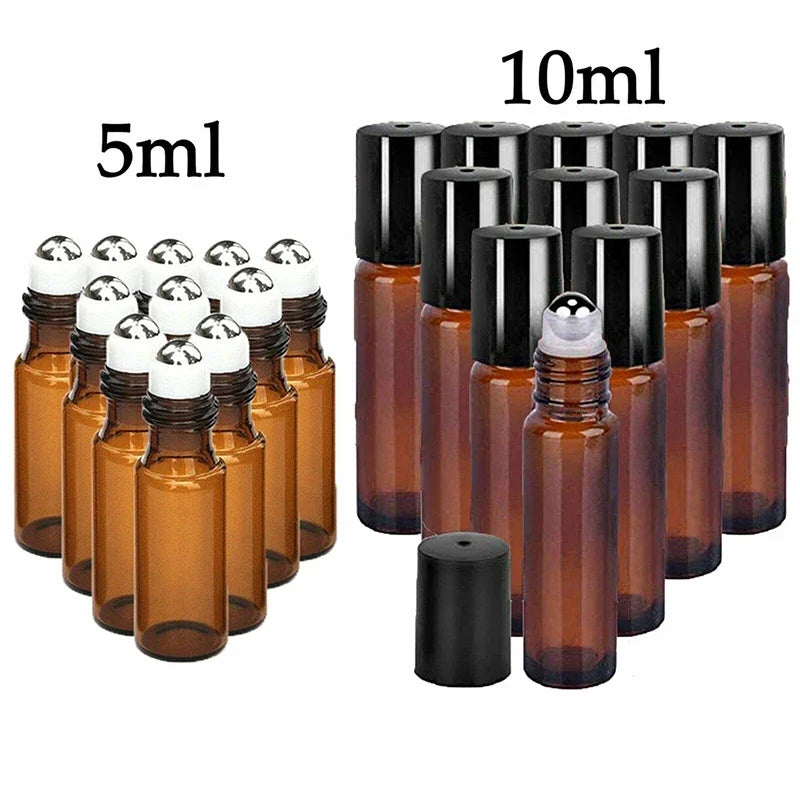 10PCS 5/10ml Amber Glass Empty Roll on Bottles Refillable Sample Test Essential Oil Vials with Roller Ball Liquid Container