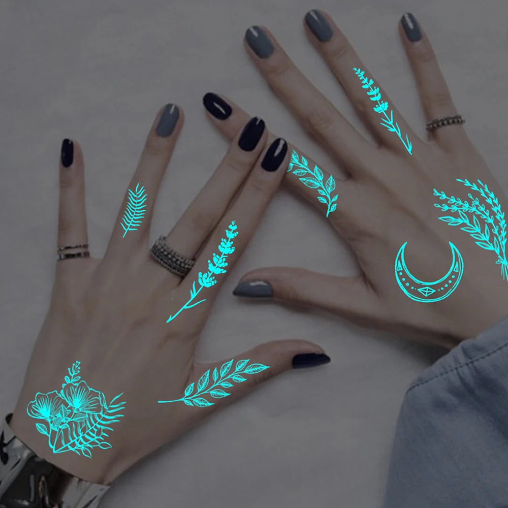 4pcs Blue Luminous Waterproof Temporary Tattoo Sticker Geometric Butterfly Flower Rose Moon Women Men Arm Body Art Fake Tattoos