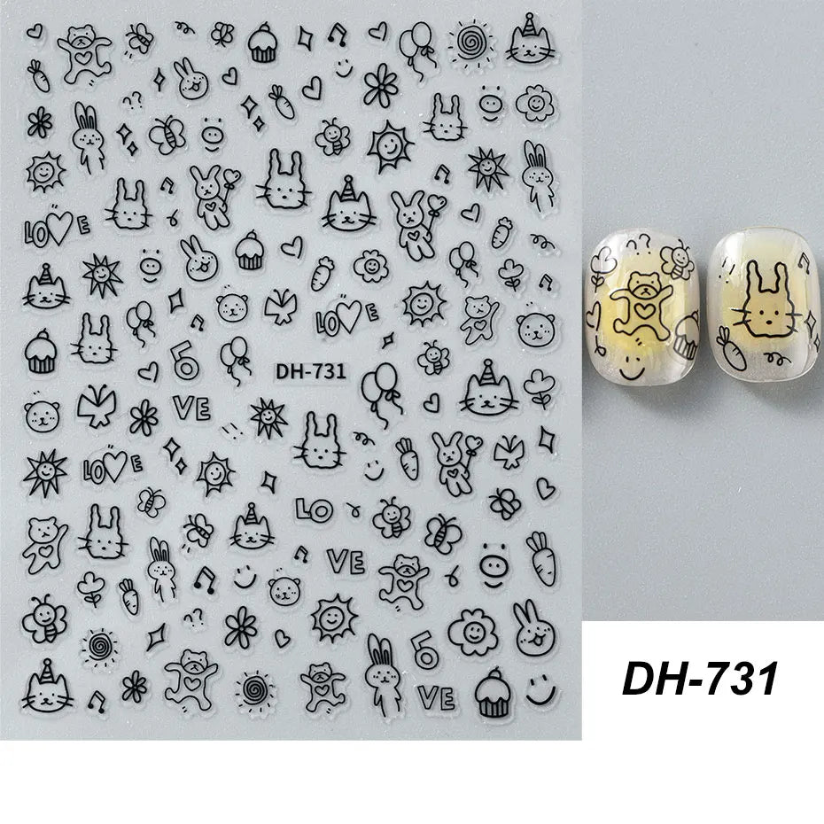 4pcs Cartoon Cute Cat Nail Art Sliders 3D Graffiti Dog Rabbit Heart Star Nail Sticker Kawaii Flower Butterfly Bow Manicure Decal