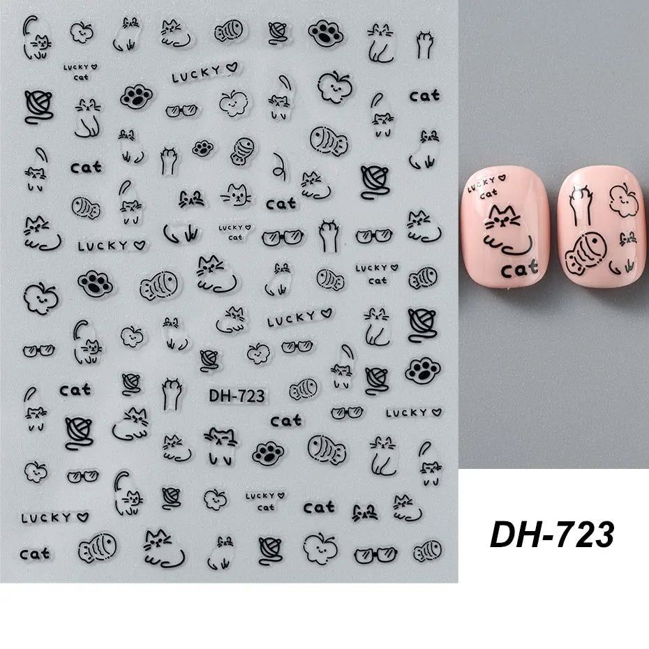 4pcs Cartoon Cute Cat Nail Art Sliders 3D Graffiti Dog Rabbit Heart Star Nail Sticker Kawaii Flower Butterfly Bow Manicure Decal