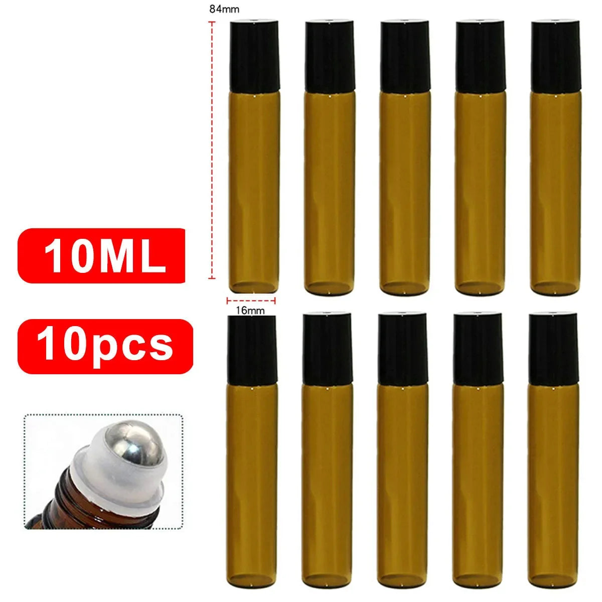 10PCS 5/10ml Amber Glass Empty Roll on Bottles Refillable Sample Test Essential Oil Vials with Roller Ball Liquid Container