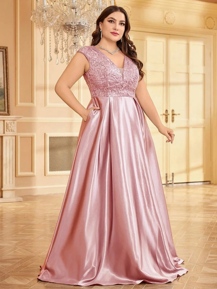 Plus Size Luxury Gold Satin V-Neck Evening Dress Women Sequin Wedding Party Prom Floor Lenght Cocktail Dress Gowns