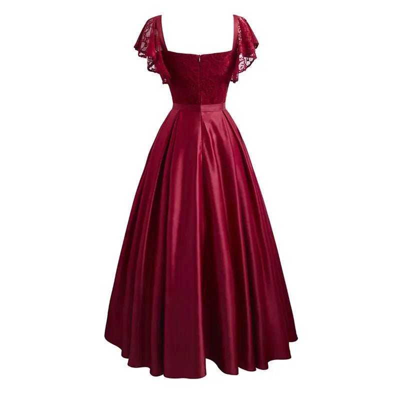 Elegant Gorgeous Pink turquoise Ruffle Sleeve Party Satin Long Dress Lace Prom Gowns Wedding Lady Autumn Evening Maxi Dresses