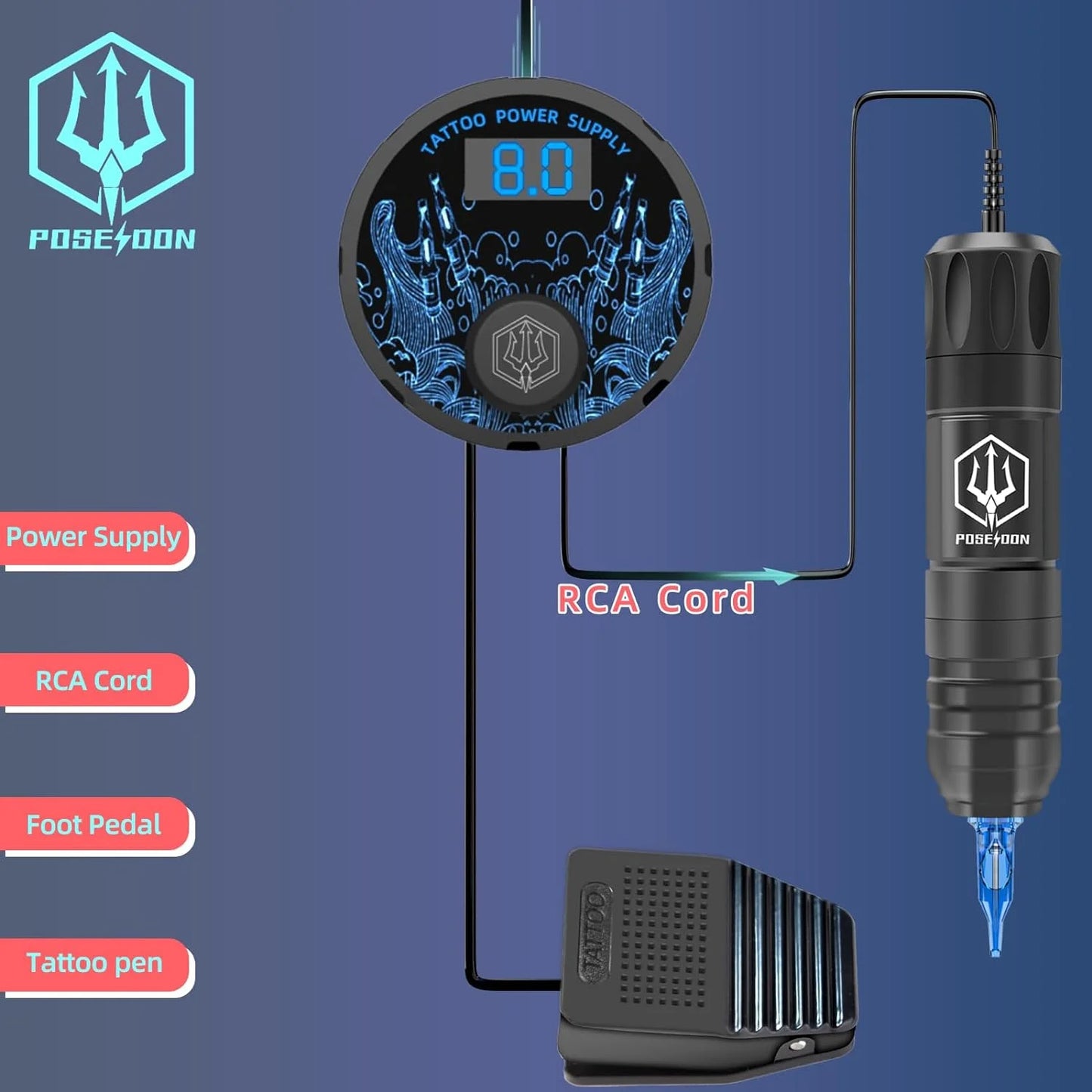 Tattoo Kit POSEIDON High Power Tattoo Pen Kit For Permanent Makeup Tattoo Machine Kit High Quality Tattoo Power Supply Tattoo Gu