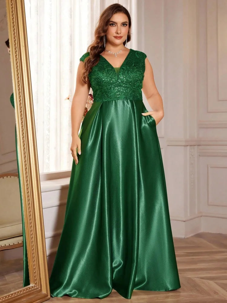 Plus Size Luxury Gold Satin V-Neck Evening Dress Women Sequin Wedding Party Prom Floor Lenght Cocktail Dress Gowns