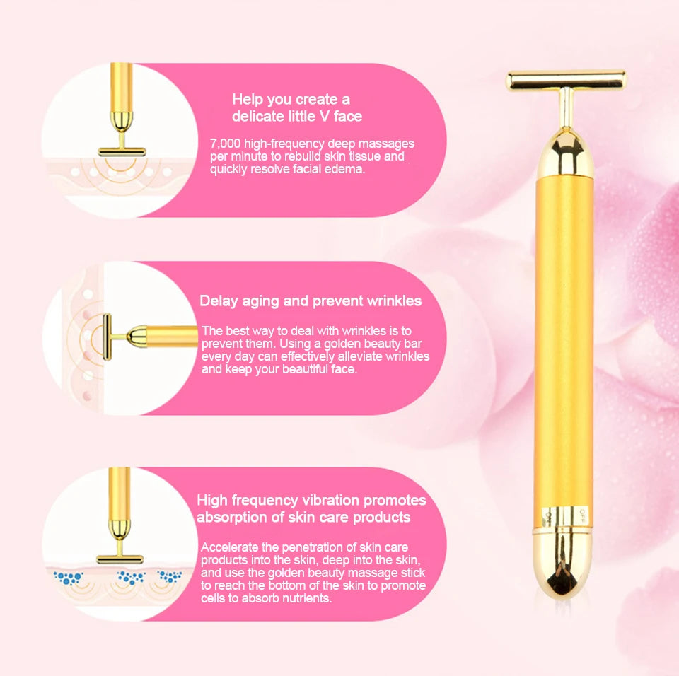 24K Gold T Beauty Roller Energy Roller Electric Face-lifting Facial Massage Beauty Tools Waterproof Vibrating Face Care Stick