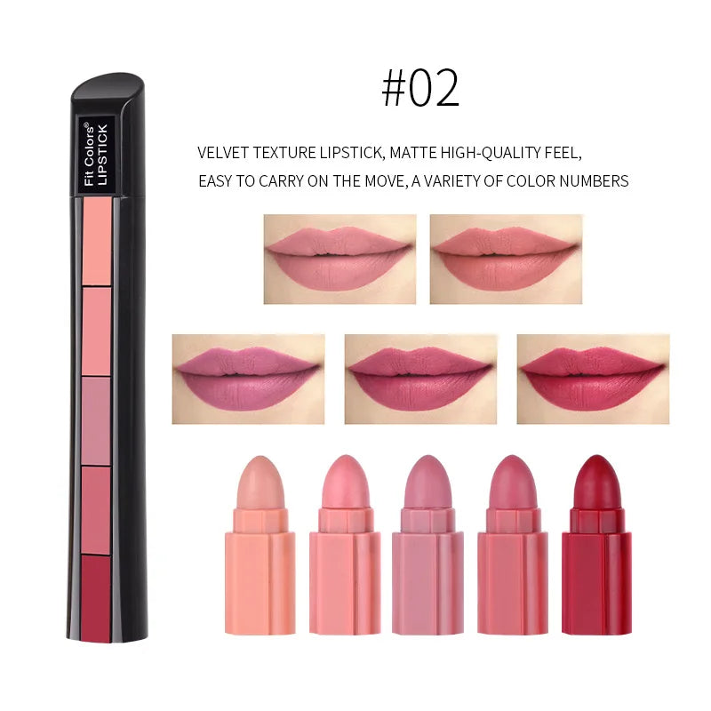 Fit Colors Matte 5-color lipstick Combination 5-section Velvet Mist with Color Non-stick Cup Lip Gloss Lipstick
