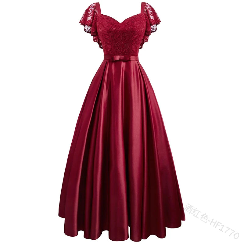 Elegant Gorgeous Pink turquoise Ruffle Sleeve Party Satin Long Dress Lace Prom Gowns Wedding Lady Autumn Evening Maxi Dresses