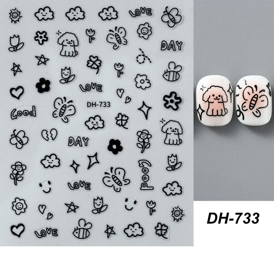 4pcs Cartoon Cute Cat Nail Art Sliders 3D Graffiti Dog Rabbit Heart Star Nail Sticker Kawaii Flower Butterfly Bow Manicure Decal