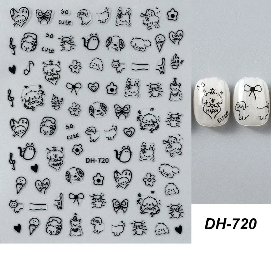 4pcs Cartoon Cute Cat Nail Art Sliders 3D Graffiti Dog Rabbit Heart Star Nail Sticker Kawaii Flower Butterfly Bow Manicure Decal