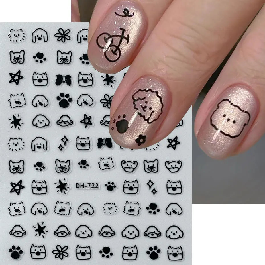 4pcs Cartoon Cute Cat Nail Art Sliders 3D Graffiti Dog Rabbit Heart Star Nail Sticker Kawaii Flower Butterfly Bow Manicure Decal