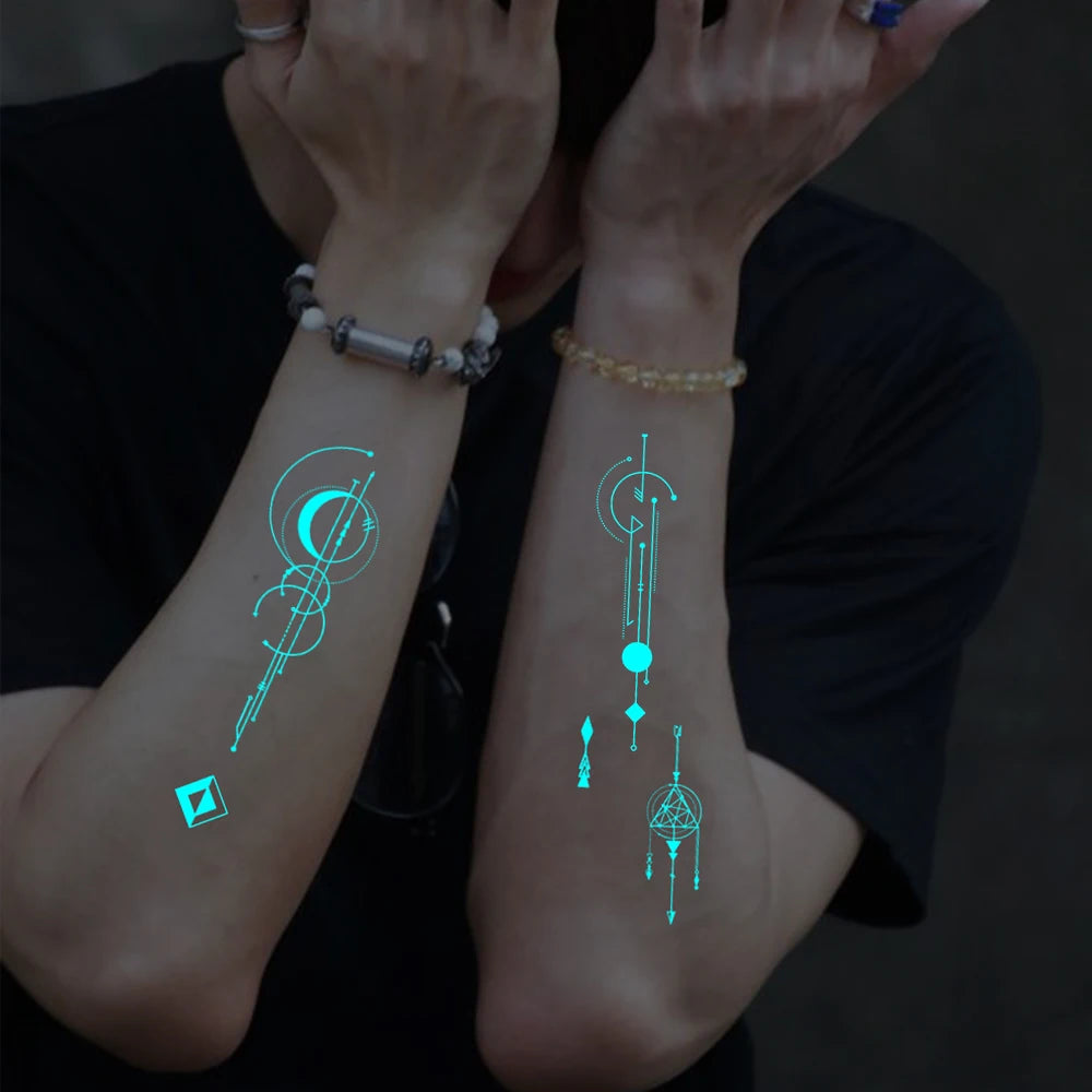 4pcs Blue Luminous Waterproof Temporary Tattoo Sticker Geometric Butterfly Flower Rose Moon Women Men Arm Body Art Fake Tattoos