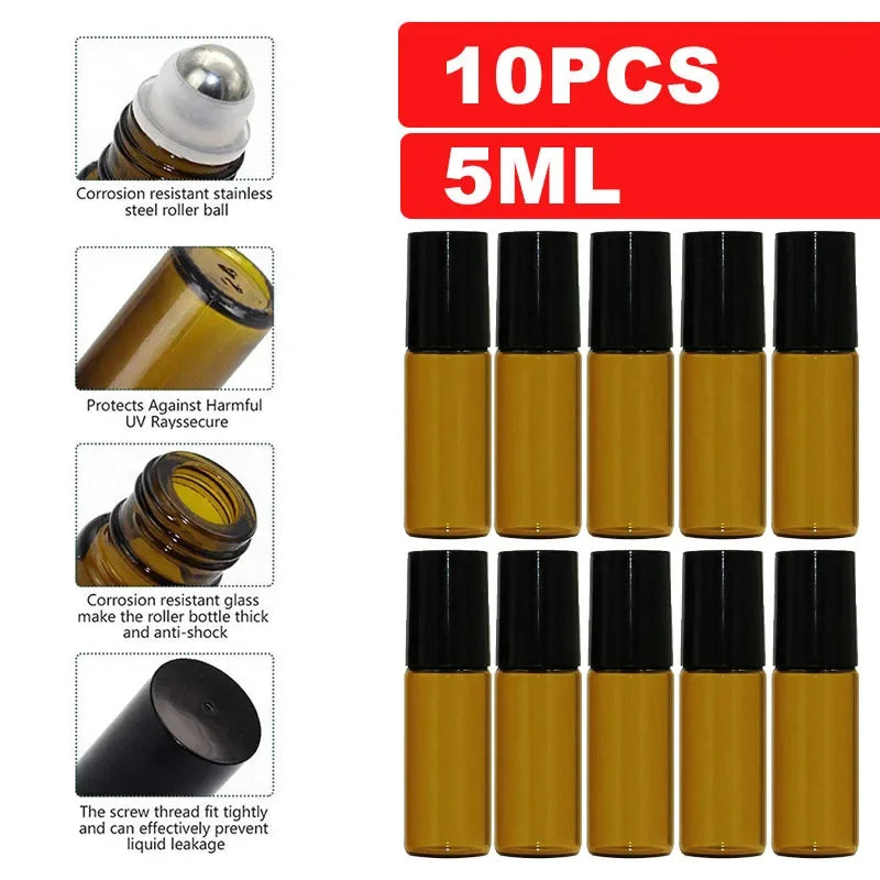 10PCS 5/10ml Amber Glass Empty Roll on Bottles Refillable Sample Test Essential Oil Vials with Roller Ball Liquid Container