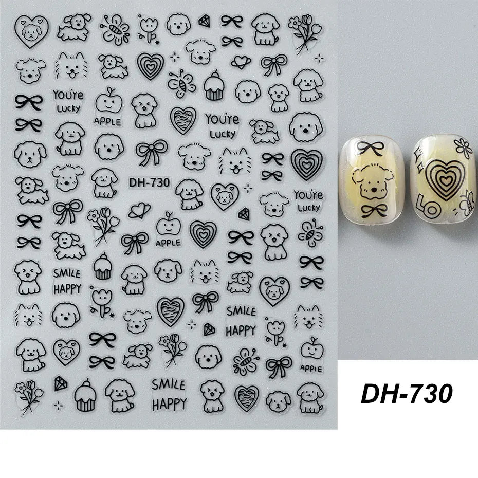 4pcs Cartoon Cute Cat Nail Art Sliders 3D Graffiti Dog Rabbit Heart Star Nail Sticker Kawaii Flower Butterfly Bow Manicure Decal