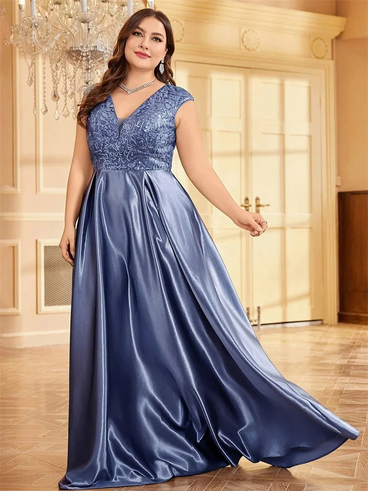 Plus Size Luxury Gold Satin V-Neck Evening Dress Women Sequin Wedding Party Prom Floor Lenght Cocktail Dress Gowns