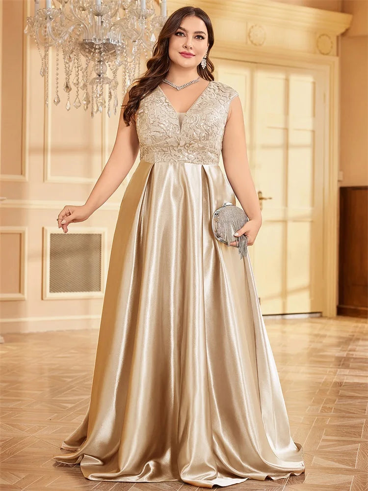 Plus Size Luxury Gold Satin V-Neck Evening Dress Women Sequin Wedding Party Prom Floor Lenght Cocktail Dress Gowns